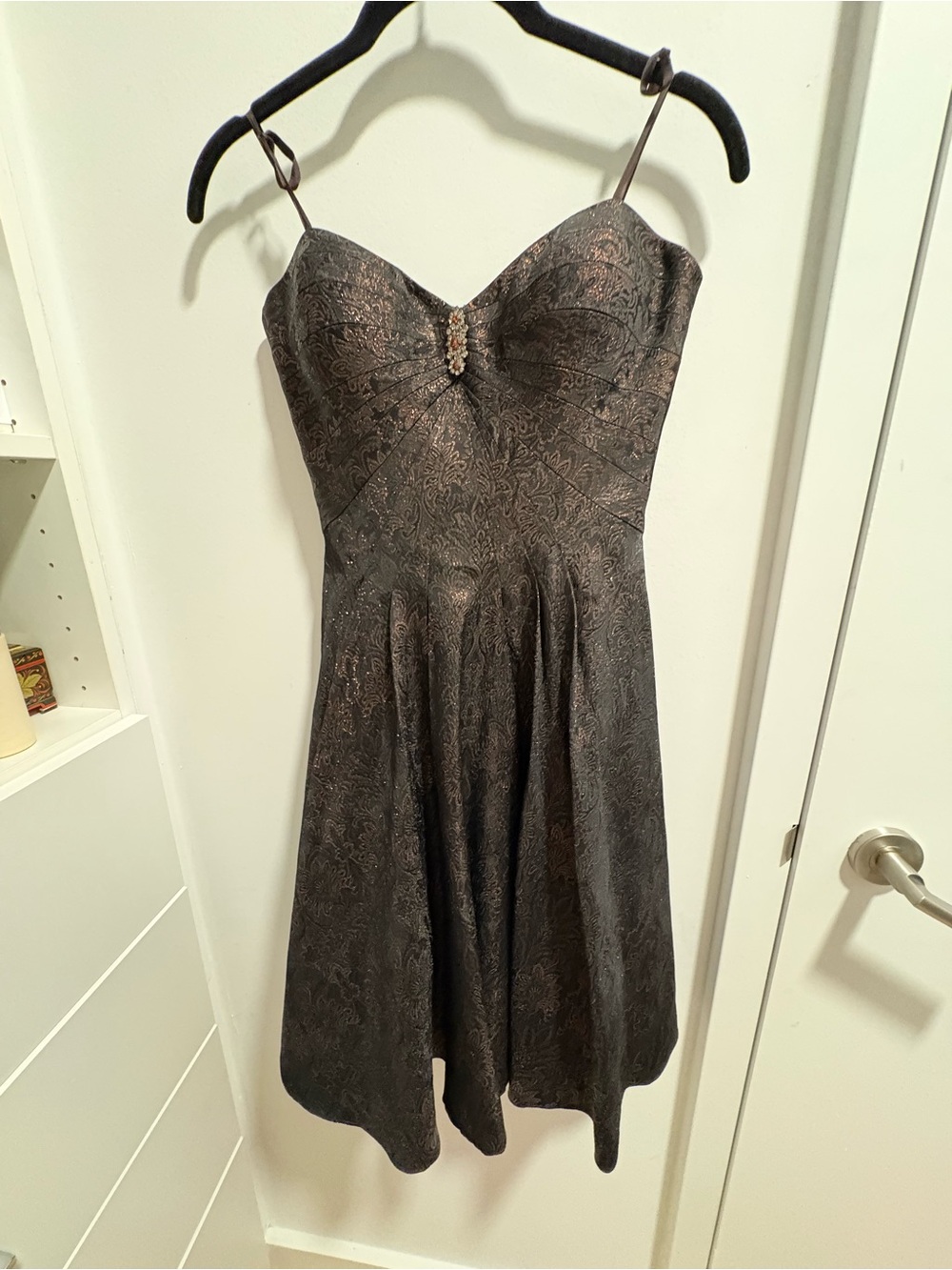 Strapless Black Brocade Cocktail Dress with Jeweled Accent